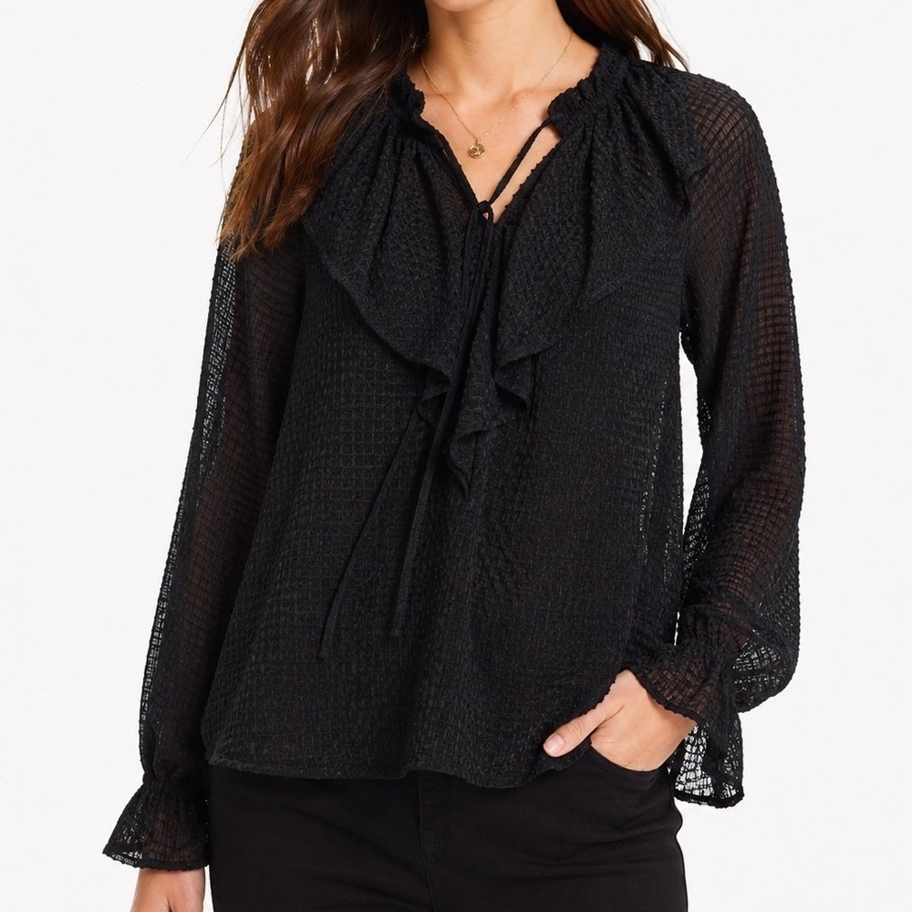 LOFT Womens Blouse Size L Black Sheer Ruffle Tie Neck Long Sleeve Boho Party Top